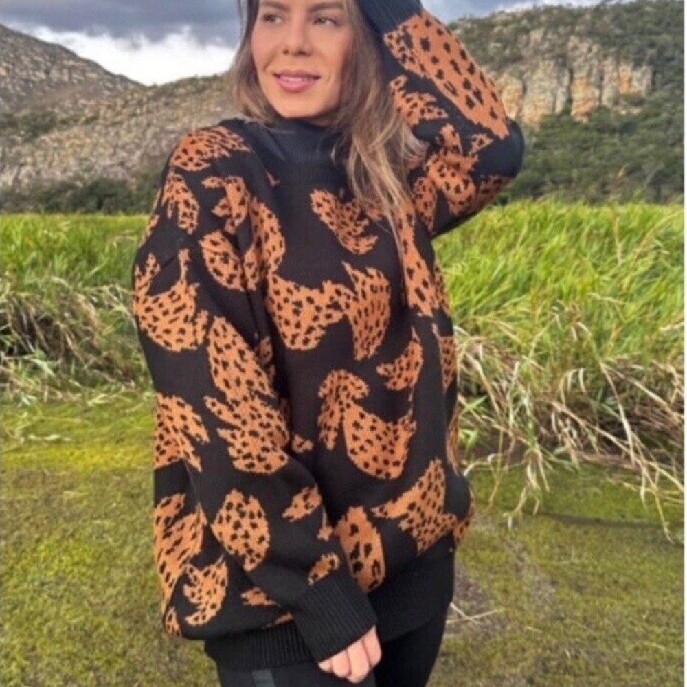FARM Rio Women’s Black Brown Bananica Intarsia Crewneck Oversized Sweater XS - Picture 7 of 16